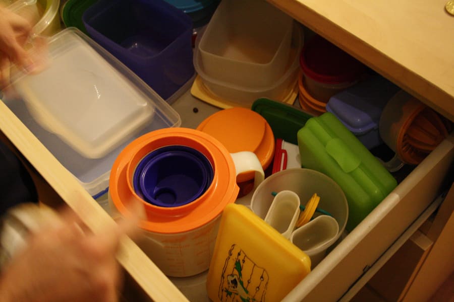 Chaotic drawer with lunchboxes